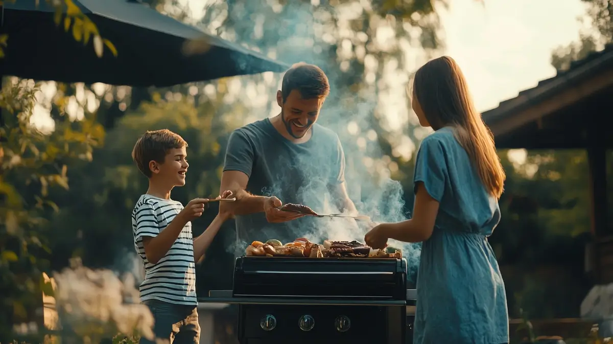 Family enjoying a barbecue in their backyard.